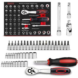 1/4"Drive Socket Set 46 Pcs,Metric And SAE Mechanics Tools Kit,Bit Socket Sets, 72 Tooth Reversible Ratchet Wrench, Universal Joint, Extension Bars, Spinner Handle, With EVA Storage Tray, CR-V Steel