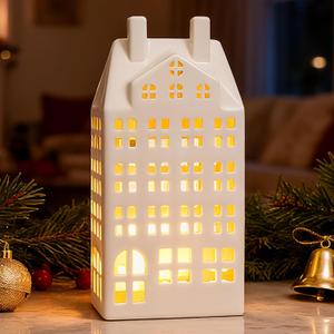 DN DECONATION Light Up Christmas Decor Village Sets, White Ceramic House with Lights, Modern Christmas Town Building Decorations, Winter Porcelain Village Xmas Decor for Tabletop Centerpiece Inside (set of 1)