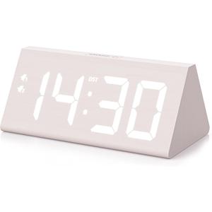 Wooden Digital Alarm Clock with Dual USB Charging Ports, DST, Dimmable, Snooze, Modern Large Time Display LED Clock for Kids Bedrooms, Living Room, Desk,Table, Bedside,Nightstand (White