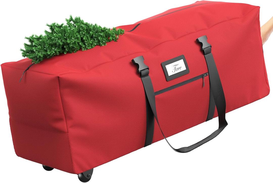 Winpull Rolling Christmas Tree Storage Bag for 9 ft Artificial Tree, 600D Waterproof Oxford Fabric, Large Christmas Tree Bag with Dual Zipper, Wheels, Handles, Heavy Duty Xmas Storage Container - Red