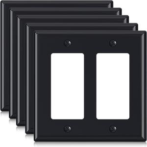 ELEGRP 2-Gang Decorative Wall Plates, Standard Size 4.53" H x 4.57" L Unbreakable Thermoplastic Faceplate Cover for Decorator Receptacle Outlet Switch, UL Listed (5 Pack, Glossy Black)