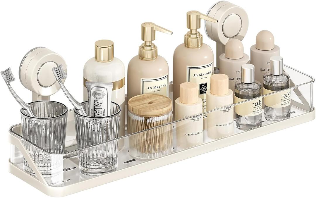 Suction Cup Shower Caddy, Removable Bathroom Organizer Shelf for Shower Storage, No Drilling Clear Square Shower Shelves, Large Capacity & Reusable, Home & Kitchen White