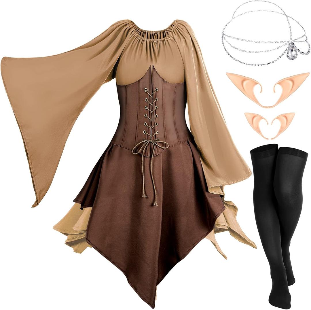 Eurzom 5 Pcs Medieval Fairy Costume Set Women Renaissance Dress Girl elf Cosplay Ears Accessories Rhinestone Drop Headpiece (Medium, Khaki, Coffee)