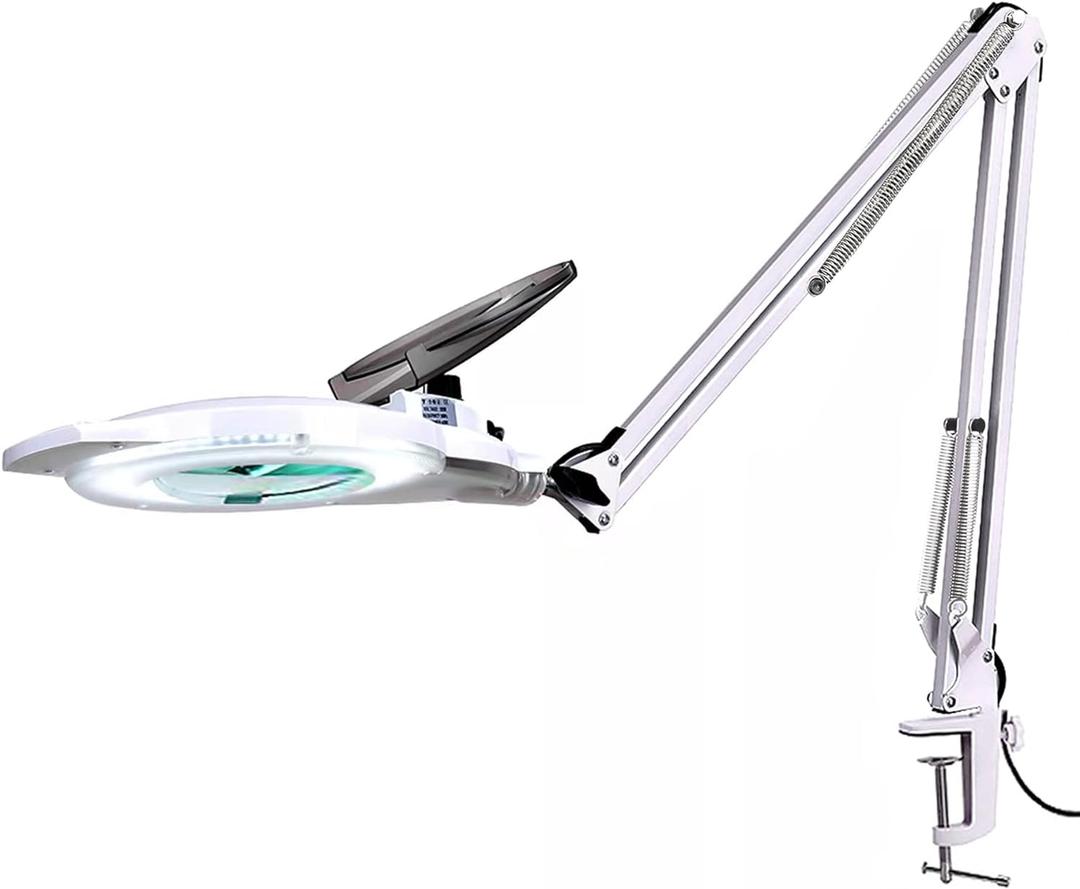 KIRKAS 10X LED Magnifying Lamp with Clamp, 2,200 Lumens Dimmable Super Bright Daylight Magnifying Glass with Light and Stand, Adjustable Swivel Arm Magnifier lamp for Reading Repair Crafts-White