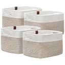 UBBCARE 4 Pack Baskets for Organizing, Woven Storage Baskets with Label for Toys and Towel, Rectangle Cotton Rope Basket with Handles, 15''L x10''W x9''H, White&Brown