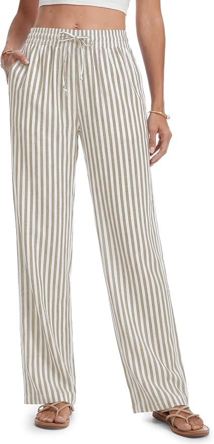 SEVEGO Tall Women 32"/34"/36" Inseam Striped Linen Pants Elastic Waist Wide Leg Pants Casual Summer Beach Trousers, Size: Small