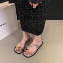 Women'S Leather Strappy Flat Metal Toe Ring Sandals Fashionable Square Open Toe Low Block Heel Slip-On Clip Toe Slide Sandals Casual Summer Beach Slipper