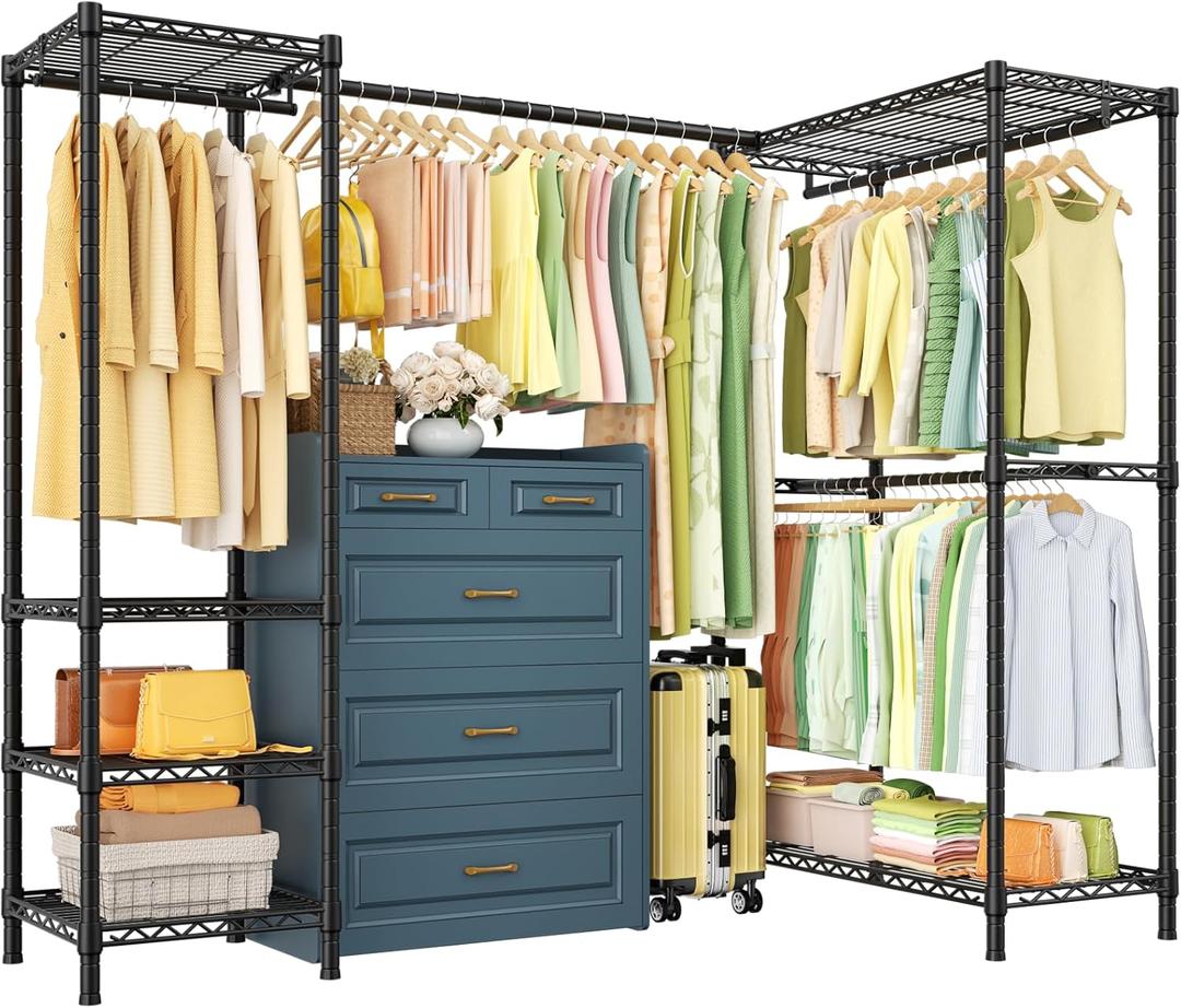 E10L L-Shaped Clothes Rack for CornerWith Expandable Hanger RodHeavy Duty Freestanding Clothing Racks for Hanging ClothesPortable Garment Rack 58-82"W x 30"D x 72"HMax Load 900LBSBlack