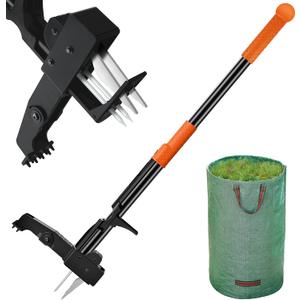 Weed Puller Tool Stand-Up - 40" Long Handle Weed Picker with Leaf Bag, 4 Claws Stainless Steel & Foldable Foot Board, Easy Weeding Removal, No Bending