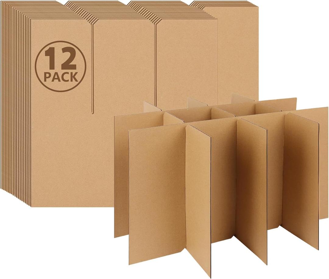 12 Sets Glass Dividers for Moving Boxes, 3x4 Grid Cardboard Dividers for 16x12x12 Inch Box, Corrugated Packing Supplies for Wine Glasses & Fragile Glassware (Box Not Included)