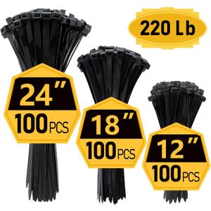 Zip Ties, Zip Ties Heavy Duty, Assorted Sizes (12"+18"+24")-300 Pack, Cable ties, Large Zipties Heavy Duty Black, Wire Ties with 220 lb Tensile Strength for Outdoor Use, Long Zip Tie, ANOSON