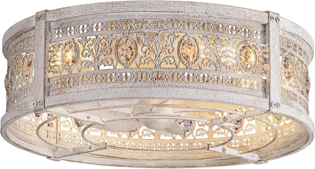 Vintage Caged Ceiling Fans with Lights and Remote, Victorian Hand-Antiqued Rustic Crystal Fandelier, Low Profile Flush Mount, Enclosed Bladeless Ceiling Fan with Light for Bedroom, Kitchen, Hallway (White)