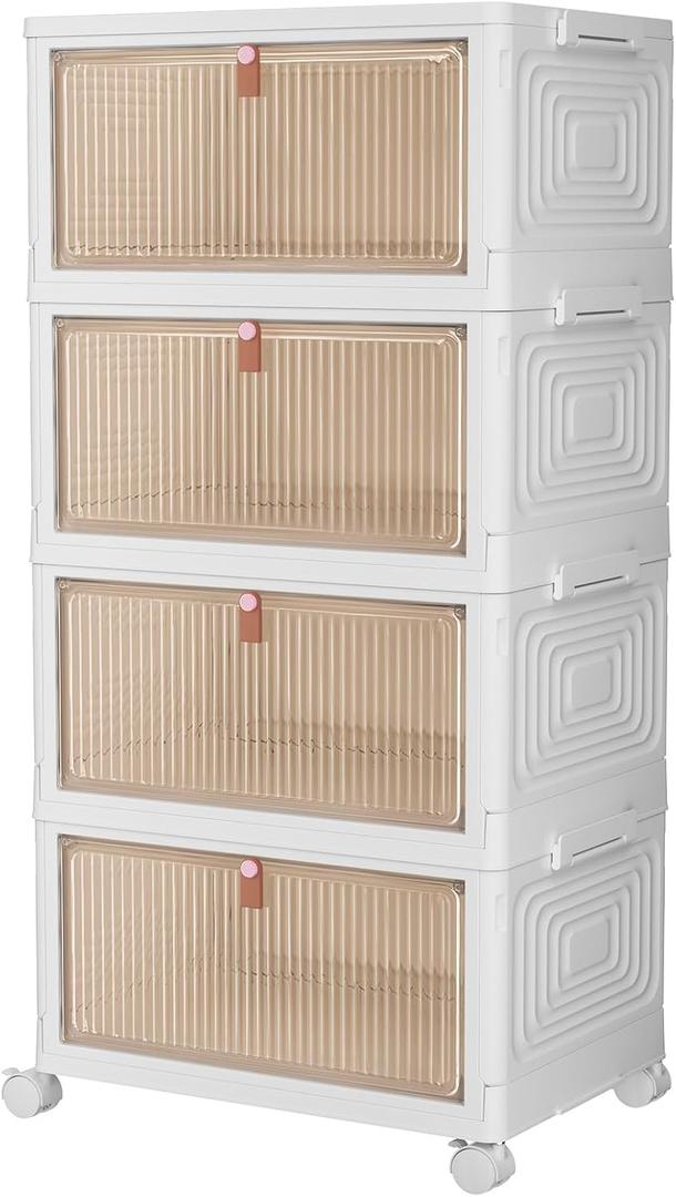 CTSNSLH 36Qt Plastic Storage Bins Organizer - 4 Tier Stackable Bins with Lids, Ideal for Bedroom, Living Room, Study, Office - Folding Storage Boxes, White