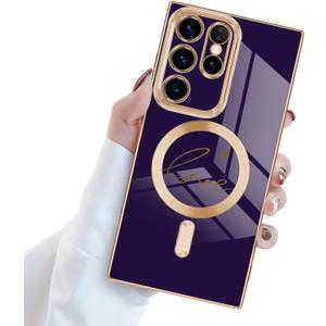 for Samsung Galaxy S23 Ultra 5G Magnetic Case, Cute Love Heart Luxury Plating Edge Case for Women Girls Soft TPU Shockproof Bumper Protection Cover for Samsung Galaxy S23 Ultra-Purple