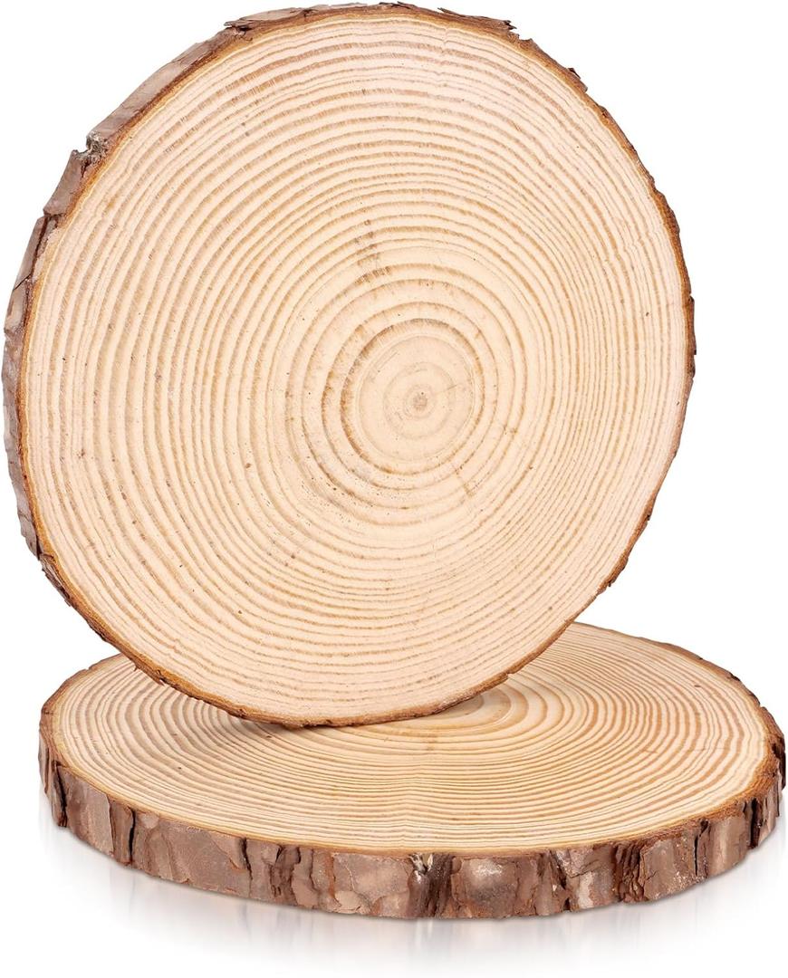 FSWCCK 2 Pack Nature Unfinished Round Wood Slices, 8-9 Inches Wooden Circle, Large Wood Slabs for Weddings Centerpieces Decor and DIY Painting Crafts (8"-9")