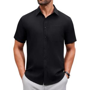 Alimens & Gentle Mens Short Sleeve Dress Shirt Wrinkle Free Solid Casual Button Down Shirts for Summer Business Wedding (X-Large, Black)