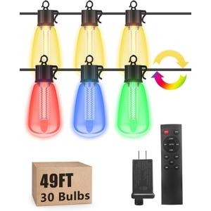 49FT Outdoor String Lights with Remote - Multicolor & Warm White, 8 Light Modes, Timer Waterproof Patio Lights Dimmable String Lights with Shatterproof 30 Bulbs for Outside Porch Backyard Party