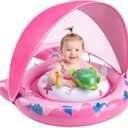 Inflatable Baby Pool Float with Sun Canopy, UPF50 Sun Protection, Portable & Easy to Store, Padded Safety Seat with, Includes Air Pump, with Toys Baby Swim Float for 6-36 Months Boys & Girls