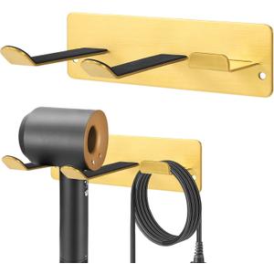 Hair Dryer Holder Wall Mount, Universal Hair Dryer Hanger for Bathroom/Bedroom/Barbershop, 304 Stainless Steel Organizer with 3M Adhesive, No Drilling Space Saver (Gold)