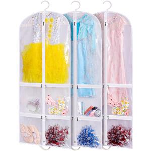 SLEEPING LAMB Clear Garment Bag for Dance Costume Kids 50 Inch Hanging Clothes Cover for Closet Storage With 4 Large Zipper Pockets for Ballet, Theatre, Competitions, 3 Packs, White