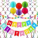 Happy Birthday Banner, Rainbow Birthday Banner, 6 Honeycomb Balls, 8 Metallic Hanging Swirls and Circle Paper Garland, Happy Birthday Decorations