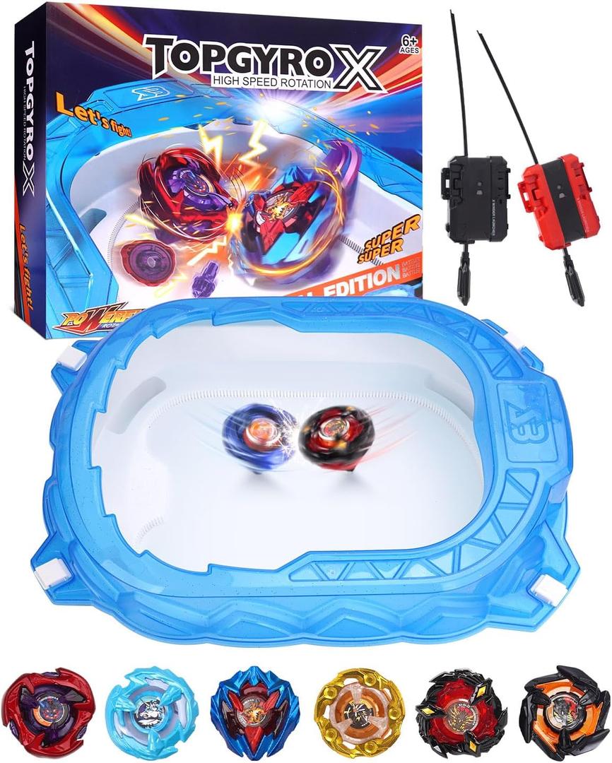 X Stadium Starter Kit - 6 Battle Tops Arena Set with 2 Launchers, Acceleration Track & Protective Roof, Gift for Boys Girls 6+