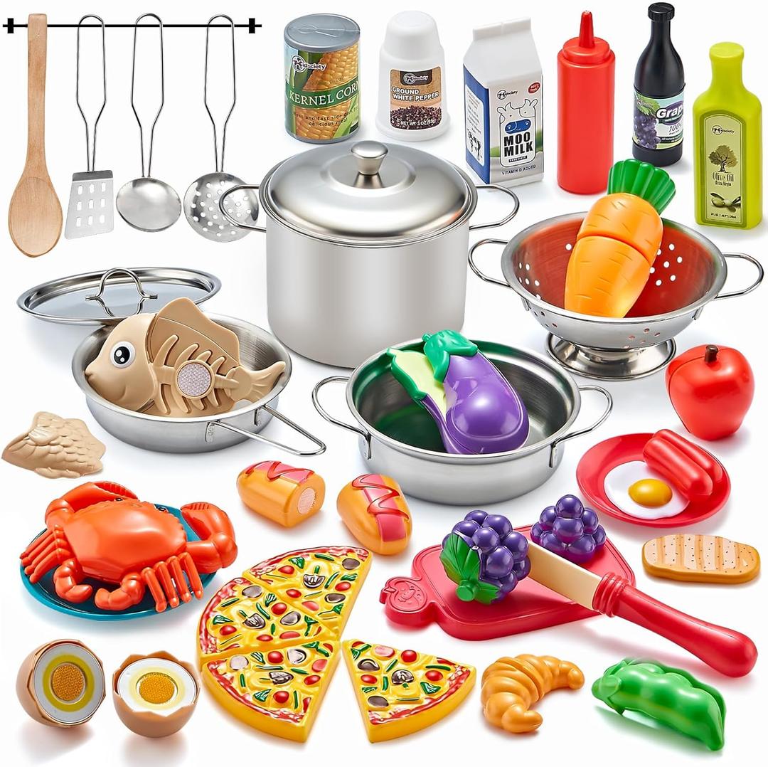 Kidsciety Pretend Play Accessories - 52pc Kids Kitchen Playset with Play Food, Stainless Steel Cookware, Toys Pots and Pans, Toddler Kitchen Set with Cuttable Toy Food - Boys and Girls Gift