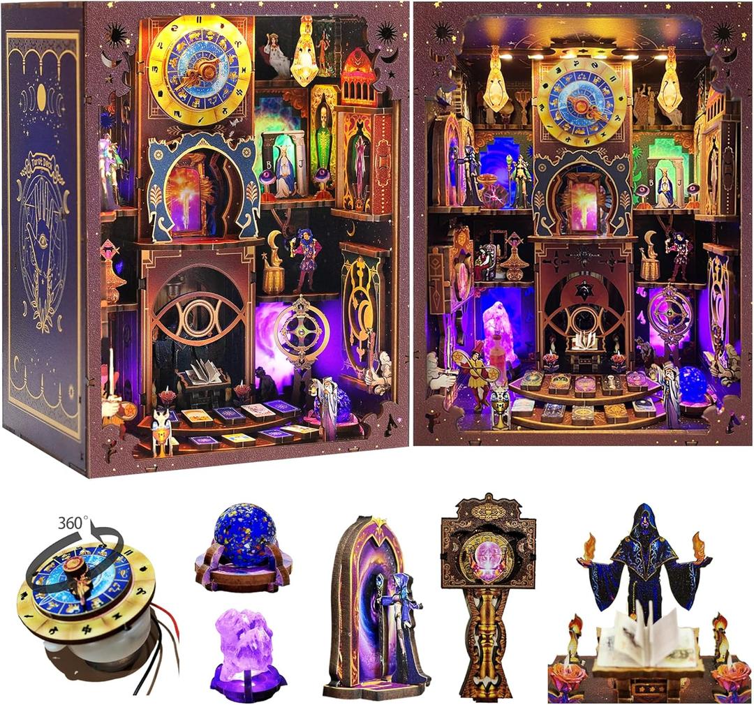 Book Nook Kit - Fantasy Tarot 3D Wooden Puzzle for Adults, Teens & Beginners, DIY Miniature Bookshelf Insert with LED Light, Mysterious Craft Gift for Model Builders