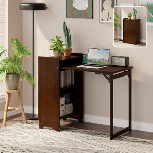 HDDFER Bamboo Folding Desk for Small Spaces,Hidden Desk with Storage Shelf, Foldable Computer Desk for Bedroom Home Office, Mid Century Modern Fold Out Table Writing Table, Walnut