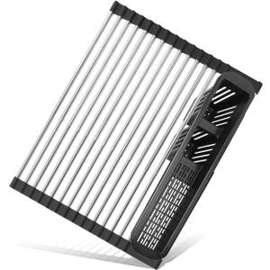 Roll Up Dish Drying Rack,Expandable Over The Sink Dish Drainer,Stainless Steel Kitchen Rolling Sink Rack with Utensil Holder,Length Up to 22.3" (Black)