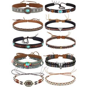 Zeyune 10 Pcs Cowboy Hat Bands Ethnic Western Hat Belts Rural Cowgirl Turquoise Hatbands Beaded Cowboy Supply