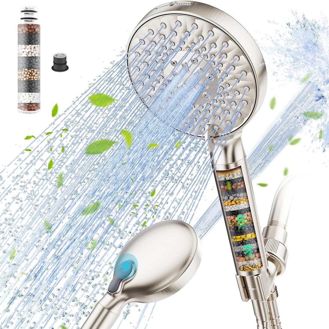 SR SUN RISE Filtered Shower Head with Handheld, High Pressure 9 Spray Mode Brushed Nickel Showerhead with Filters, detachable shower head,Water Softener Filters Beads for Hard Water - Remove Chlorine