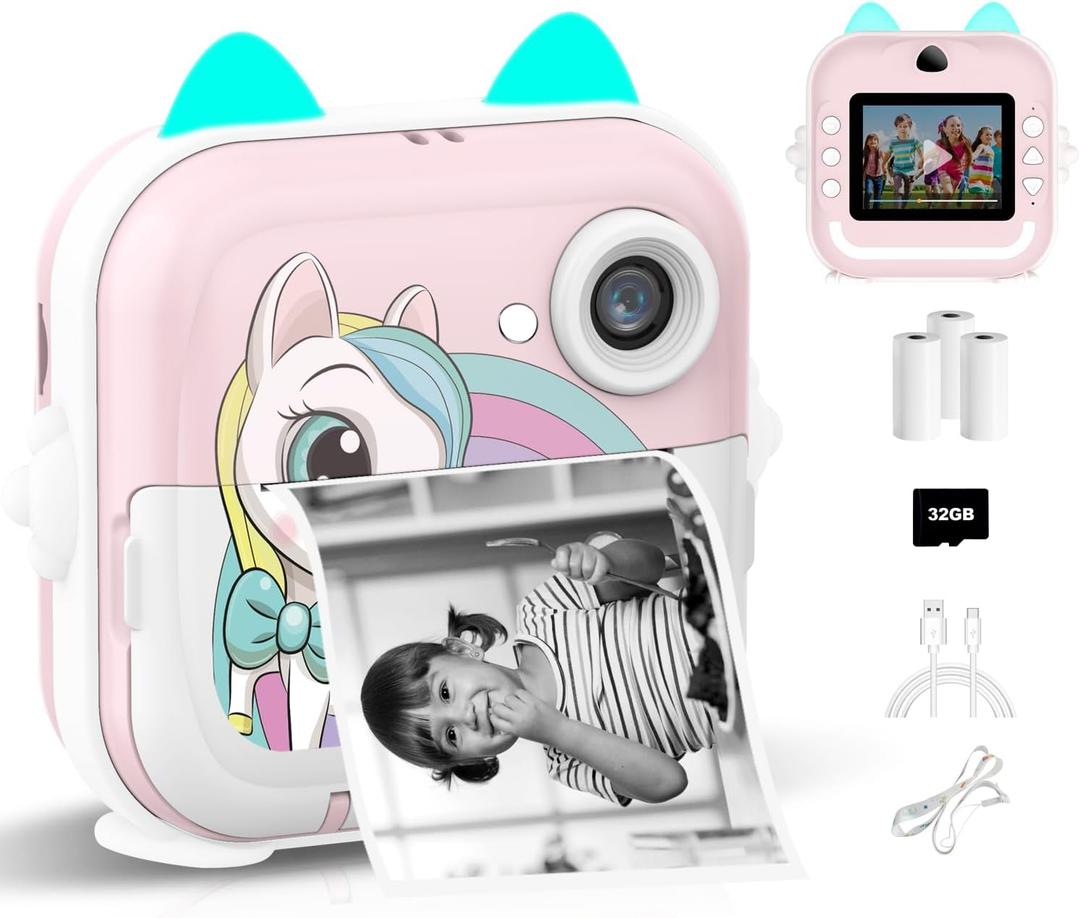 Instant Print Camera for Kids, Christmas Birthday Gifts for Girls Boys, Selfie Digital Camera with 1080P Videos, Portable Toy for 4 5 6 7 8 9 10 Years Old Girl with Print Paper & 32G Card (Pink)