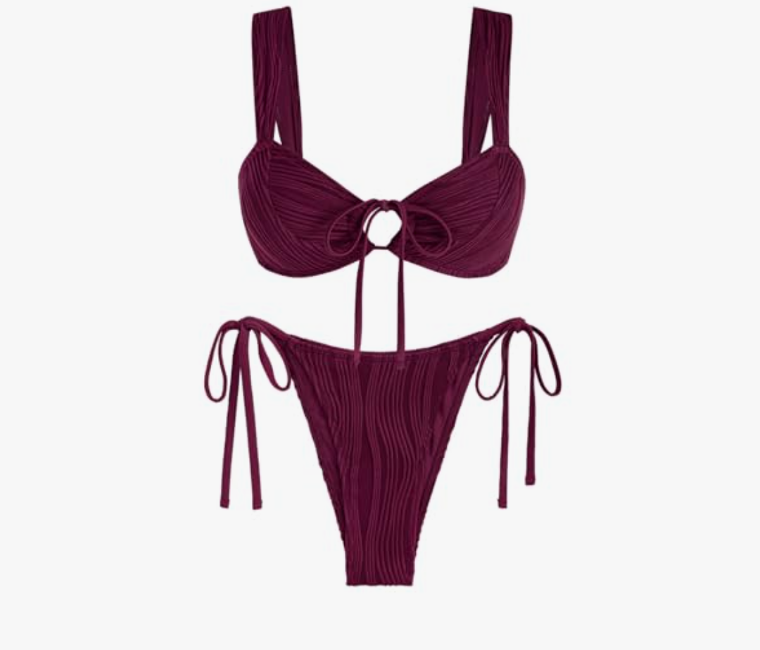 ZAFUL Women's Cinched Bikini Solid Color Wave Textured Knotted Tied Side Two Piece Swimsuit Bathing Suits, Medium