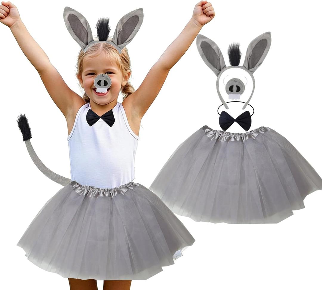 Kirei Sui 5-Piece Donkey Chef Hat Mouse Costume Set with Headband Bow Tie Nose Tail & Tutu Halloween Dress Up for Kids (Gray)