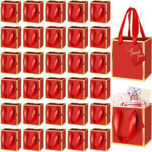 Yeaqee 50 Pcs Mini Metallic Paper Gift Bags with Handles 4x2.75x4.5'' Tiny Small Gift Bags with Thank You Tag for Wedding Graduation Birthday Party Return Gifts Jewelry Business (Red,Gold)