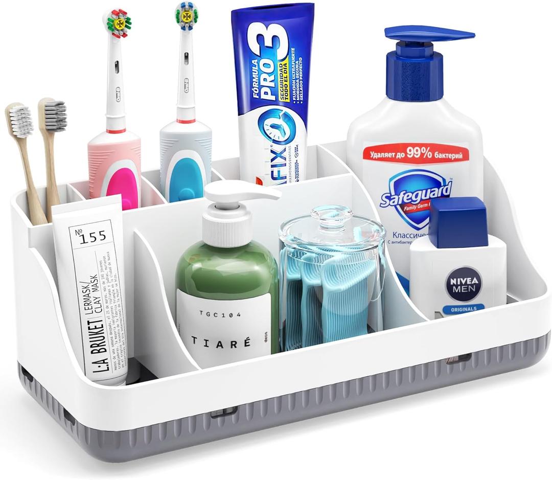 Bathroom Counter Organizer and Storage, 7 Slots Detachable Toothbrush Holders for Bathrooms, Anti-Slip Electric Toothbrush and Toothpaste Holder Countertop Vanity Organizer Accessories for Adults Kids (White Grey)