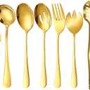 Golden Flatware 7 Piece Stainless Steel Set Includes Serving Spoons, Slotted Serving Spoon, Serving Tongs, Serving Fork, Salad Fork, Soup Ladle, Pie Server