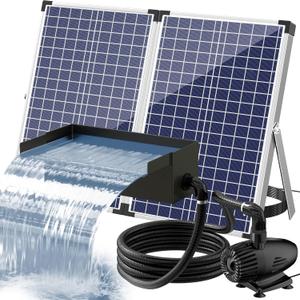 POPOSOAP 70W Solar Water Pump with Pond Waterfall Kit, 304 Stainless Steel Pond Waterfall Spillway, Pond Spillway with 9.8FT Corrugated Tubing for Garden Water Features-P5703