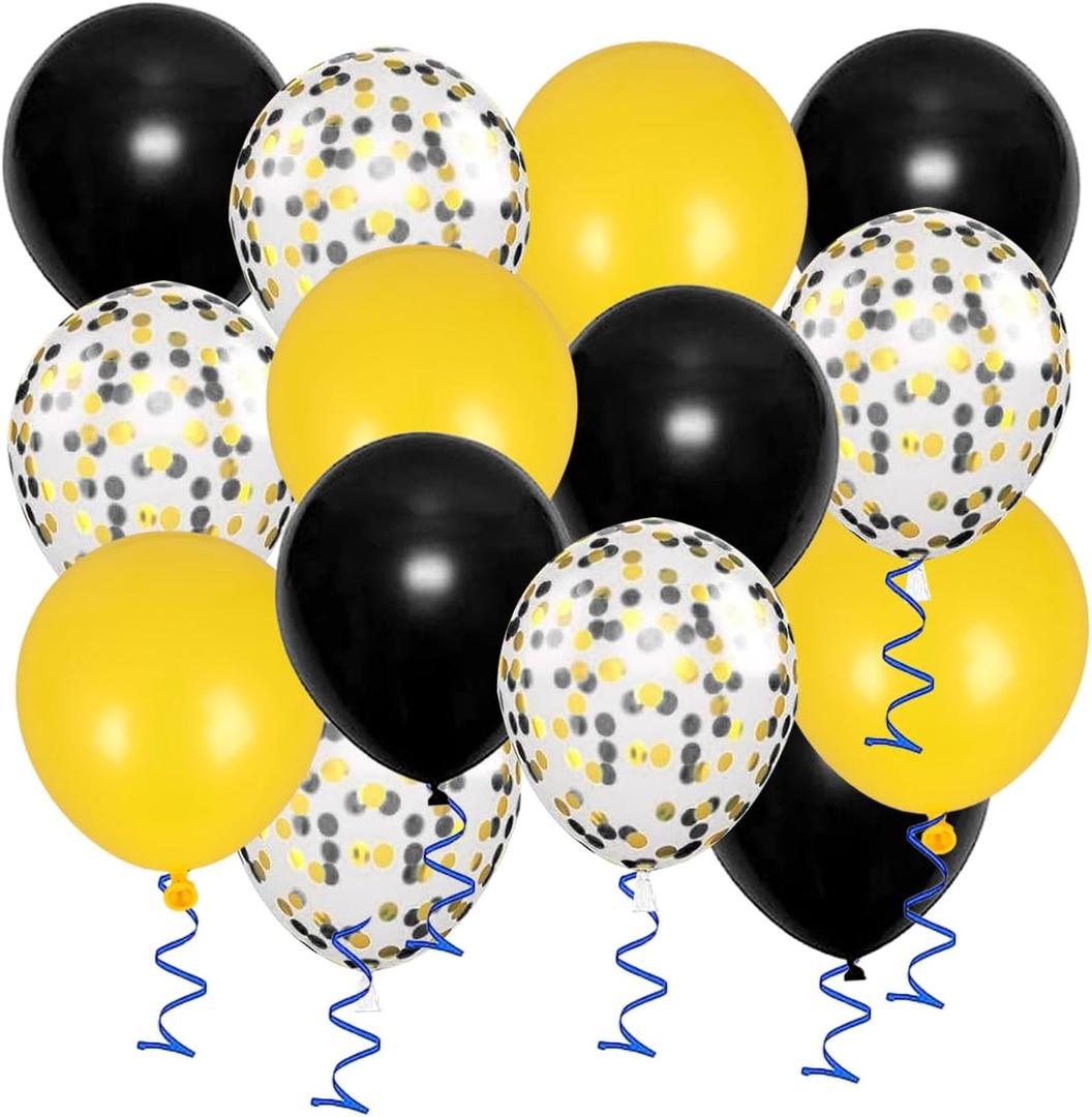 XIKSXITN 12inch Yellow Black Balloons with Yellow Black Confetti Balloons Perfect for Party Decorations,Pack of 50