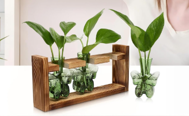 Glass Plant Propagation Station Butterfly Planter Vase with Wooden Stand Birthday Gifts for Women Mom Plant Lovers Office Home Decoration
