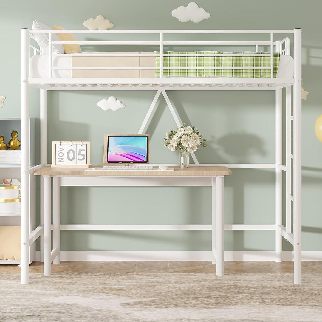 VECELO Metal Bunk Bed Single Size, High Sleeper Bedframe 90×190cm with Removable Ladder and Safety Guardrail, Space-Saving, Noise Free, No Box Spring Needed, White