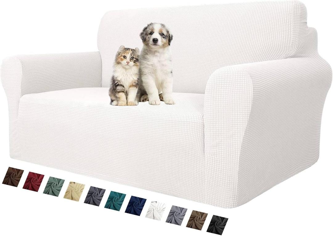 MAXIJIN Stretch Loveseat Sofa Slipcovers 1 Piece Love Seat Couch Covers for 2 Cushion Couch Non Slip Sofa Cover Washable Dog Cat Proof Furniture Protector Pet Friendly (Loveseat, White) (Medium (55"-69"))