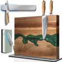 Magnetic Knife Block with Sharpening Stone and Stainless Steel Magnetic Knife Strip, Emojoy Double Side Magnetic Knife Holder, Acacia Wood Knife Block and Green Resin
