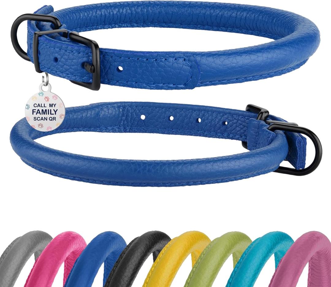 Rolled Leather Dog Collar Soft Round Collars, ID Tag for Small Medium Large Dogs (9-12 inch, Royal Blue & Black Buckle)