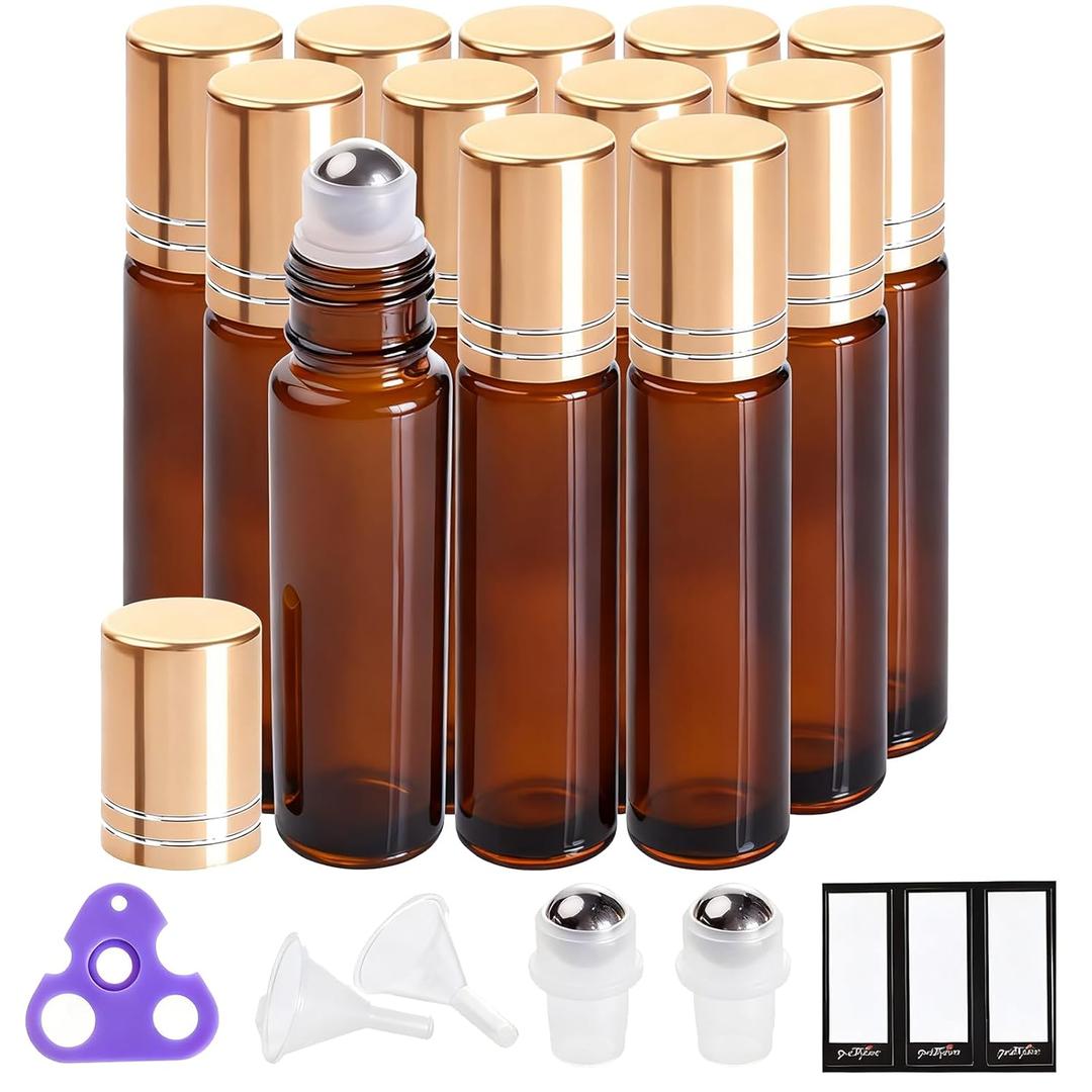 PrettyCare 12 Pack, 10 ml Essential Oil Roller Bottles with Stainless Steel Roller Ball - Refillable Leak-proof Empty Thick Amber Glass Roll on Bottles with Metal Caps for Travel, Perfume