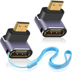 Duttek 8K Mini HDMI to HDMI Adapter, 48Gbps Down Angled HDMI Female to Mini HDMI Male Converter with LED Working Indicator Lamp, for Camera, Camcorder (2 Pack)