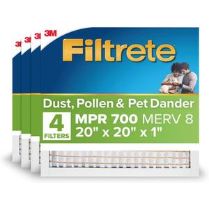 Filtrete 20x20x1 AC Furnace Air Filter, MERV 8, MPR 700, Tough on Pollen, Easy on Airflow, 3-Month Pleated 1-Inch Electrostatic Air Cleaning Filter, 4-Pack (Actual Size 19.880 x 19.880 x 0.78 in)