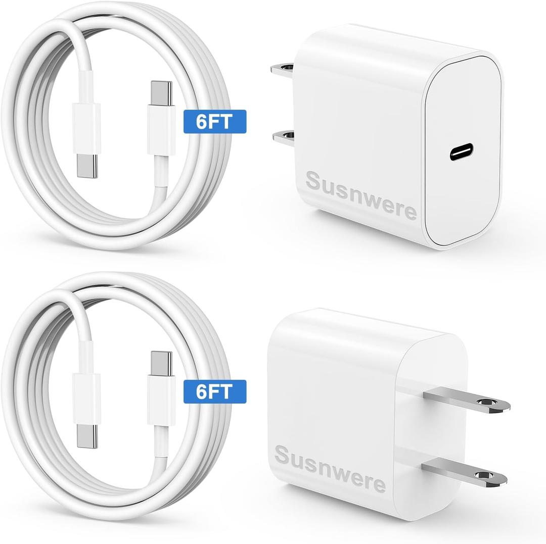 Susnwere iPhone 15 Charger 6 Ft with 20w USB C Charger Block,2-Pack 20W Fast Wall Charging for 15/15 Pro/Pro Max/iPad Pro AirPods/Samsung and More, with 2 Pack 6ft USB-C Cable
