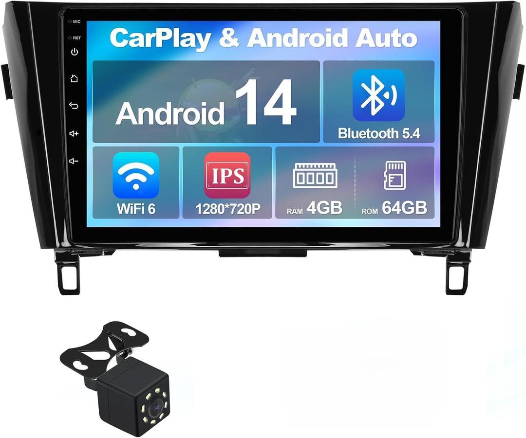 4+64G 10.1-inch Android 14 Car Stereo for Nissan Rogue X-Trail Qashqai 2014-2018 IPS Touchscreen Screen Car Radio with WiFi 6 Carplay & Android Auto Support Backup Camera GPS FM Navi Bluetooth 5.4 SWC